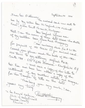 HEMINGWAY, ERNEST. Small archive of 7 items, each Signed Ernie, EH, or Ernest M. Hemingway, to or concerning his attorney Alfred R